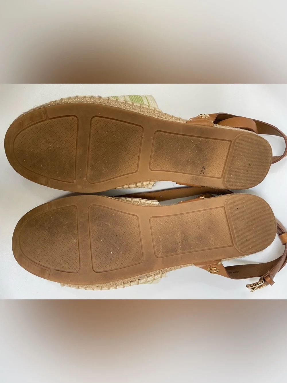 Tory Burch Cream and Light Green Striped Espadrille Sandals-Size 7.5
